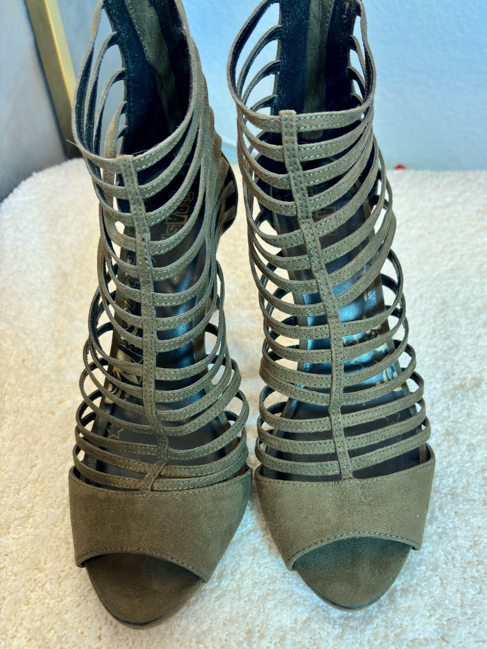 Brash Olive Suede Strappy High Heel Sandal - Picture 8 of 14